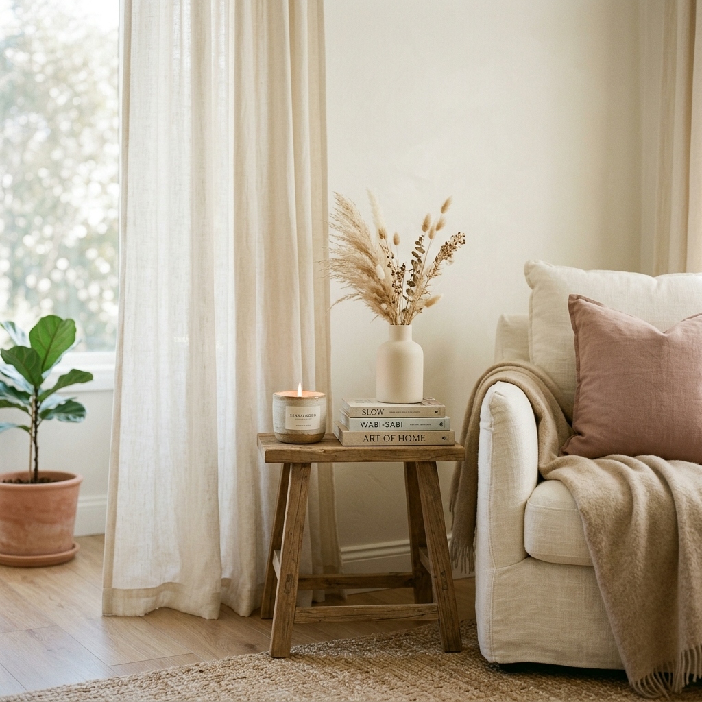 Soft, warm interior with linen curtains, ceramic vase, and morning light